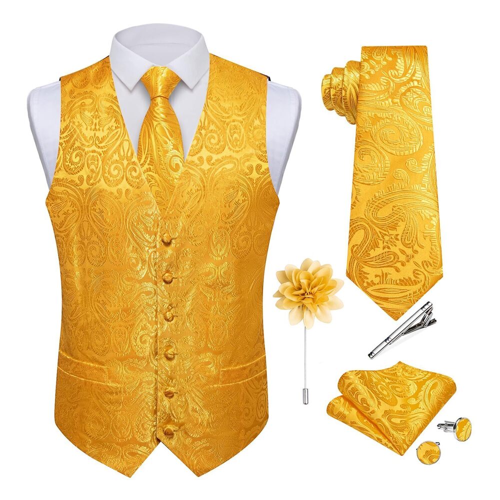 9478 Paisley Vest Tie Set with Lapel Pin Tie Clip 7PCS Silk Woven Necktie